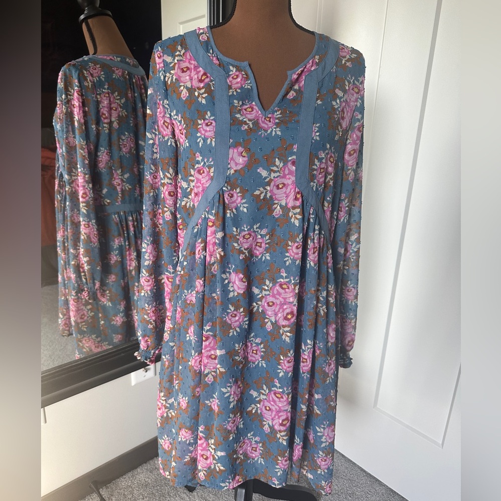 Matilda Jane Blue Swiss Dot Floral Long Sleeve To The Nines Blue Pink Dress -A